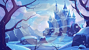 Modern cartoon illustration of a winter landscape with a fairytale castle, ice and snow covered rocky areas, snowflakes