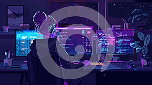 Modern cartoon illustration of IT woman writing software code, developing a game or mobile app at night. Student