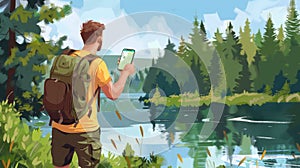 Modern cartoon illustration of young man with backpack checking map app on smartphone, green fir trees around water