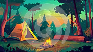 Modern cartoon landscape with campsite, trees, log, bowler on fire, tent, backpack, and lantern. Outdoor equipment for