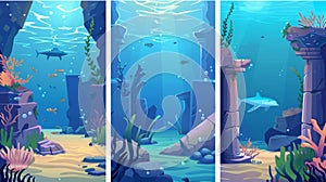 Modern cartoon poster with underwater ocean bottom landscape with submarine, sunken ancient ruins, broken Poseidon