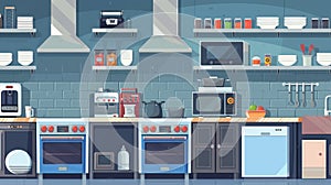 Modern cartoon of professional equipment in a restaurant kitchen, refrigerator, oven, microwave, sink, and plates on the