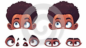 A modern cartoon set of black skin kid face generators with eyes, noses, hairstyles, eyebrows, brows and lips is