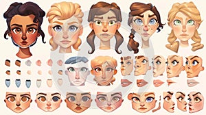 Modern cartoon set of different female hairstyles, blue, brown and green eyes, noses, brows, and lips in various shapes