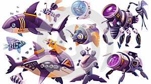 Modern cartoon set of futuristic pets cyborgs, cyborg animals, purple mechanic insects, fish, sea animals isolated on