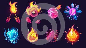 Modern cartoon set of magic spell icons, light effects, healing potion, ice crystals, arrows, lightning, fireballs, fire