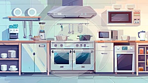 Modern cartoon set of professional equipment on restaurant kitchen. Commercial kitchen interior with refrigerator, oven