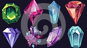 A modern cartoon set of shiny gems with ruby, diamond, amethyst and emerald. The background is isolated so that the