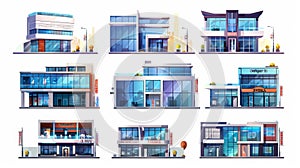 A modern cartoon set showing a modern and classic facade of a home, business or a store isolated on a white background.