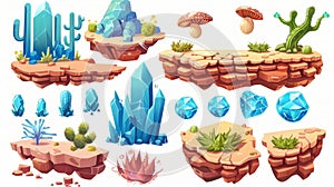 Modern cartoon set of summer, winter and desert landscape elements, including blue crystals, cactus, mushroom, and heart