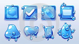 This is a modern cartoon set of user interface elements from water with bubbles, check box, stop, play and pause buttons