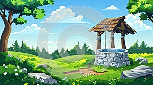 Modern cartoon summer landscape with old stone well with wooden roof, pulley and bucket. Basin for water source or