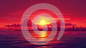 Modern cartoon summer seascape with city lights and coastline silhouette on horizon. Sunset at sea with cloudy sky and