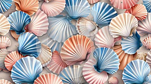 Modern cartoon texture set with blue, pink and brown scallops and tropical bivalve mollusks. Seashell seamless pattern