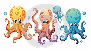 Modern cartoons of colorful octopuses. Cartoons of ocean invertebrates and sea animals, including a kraken or squid with