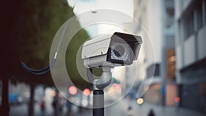 Modern CCTV Camera in a city street close up with selective focus at daytime, neural network generated picture