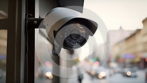 Modern CCTV Camera in a city street close up with selective focus at daytime, neural network generated picture