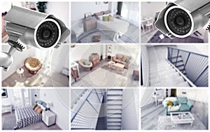 Modern CCTV cameras with blurred view of home locations photo