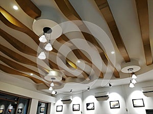 Modern ceiling design, light fixtures and copy space