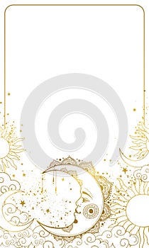 Modern celestial background with a golden crescent moon with face, card for astrology and horoscope, boho natal chart with white