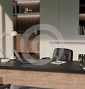 Modern CEO private office interior design with laptop, table lamp and accessories on tabletop