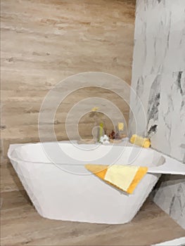 Modern ceramic bathtub . White tub in minimalistic bathroom interior.
