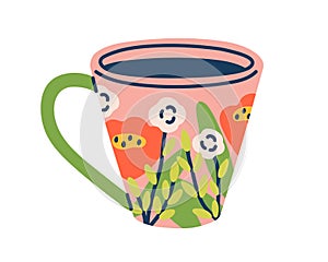 Modern ceramic coffee cup. Tea mug with floral pattern and handle. Drink crockery with americano in doodle style