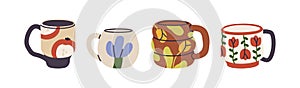 Modern ceramic cups set. Cute teacups, coffee and tea mugs. Crockery in creative trendy design style, flower and leaf