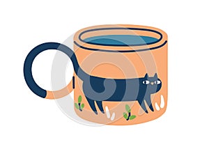 Modern ceramic tea mug in doodle style. Coffee cup with cute cat painting and handle-tail. Funny drink crockery. Teacup