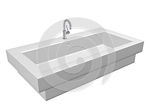 Modern ceramic white washroom sink set chrome fixtures, 3d illustration