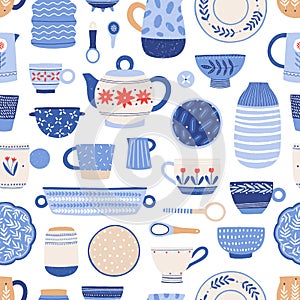 Modern ceramics flat vector seamless pattern. Handmade dinnerware background. Decorative tableware and utensils backdrop