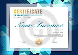 modern certificate of completion template with blue abstract graphic background