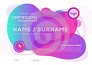 Modern certificate of completion template with vibrant bold color fluid liquid graphic