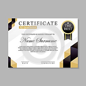 Modern certificate template design with gold, white and black color