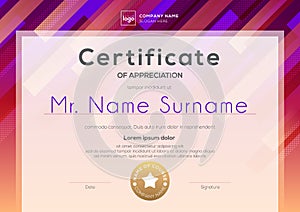 Modern Certificate template with red pink background. Certificate of appreciation, award diploma design template.