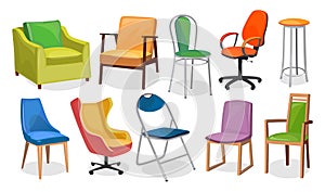 Modern chair furniture collection. Comfortable furniture for apartment interior or office. Colorful cartoon chairs set isolated on