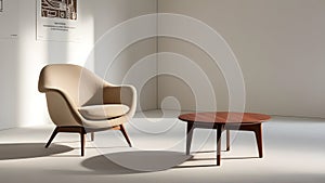 modern chair with small round coffee table and empty white walls