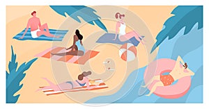 Modern character people travel hot country seashore, male female sunbathers sand beach flat vector illustration