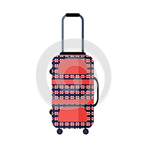 Modern checkered red and blue travel suitcase. Flat vector icon. Isolated object on white background
