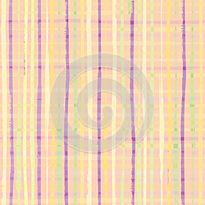 Modern checkwork seamless vector pattern. Checkered pastel yellow, purple and green design with hand drawn stripes