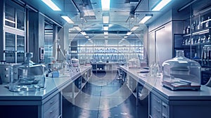 modern chemical lab with a range of equipment on tables, featuring a minimalist design and serving as a concept banner