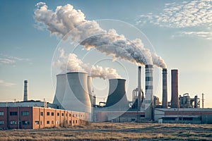 Modern chemical plant emitting thick black smoke leading