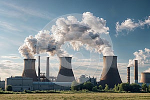 Modern chemical plant emitting thick black smoke leading