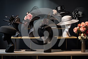 Modern chic hats and headpieces arranged in elegant display. Generative AI photo