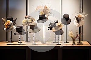 Modern chic hats and headpieces arranged in elegant display. Generative AI photo