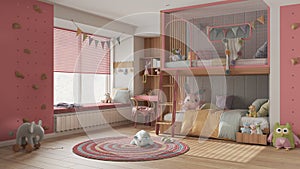 Modern children bedroom with bunk bed in pink pastel tones, parquet floor, big window with bench and blinds, desk, carpet with