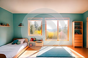Modern children's colorful room with blue walls on a sunny day with sunlight through the windows with a mountain