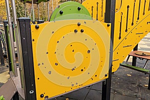 A modern children\'s playground was damaged by shrapnel from the explosion. Consequences of military operations