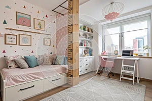 Stylish interior of modern children's room with wooden stadiometer