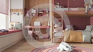 Modern children wooden bedroom with bunk bed in pink pastel tones, parquet floor, big window with bench and blinds, desk, carpet
